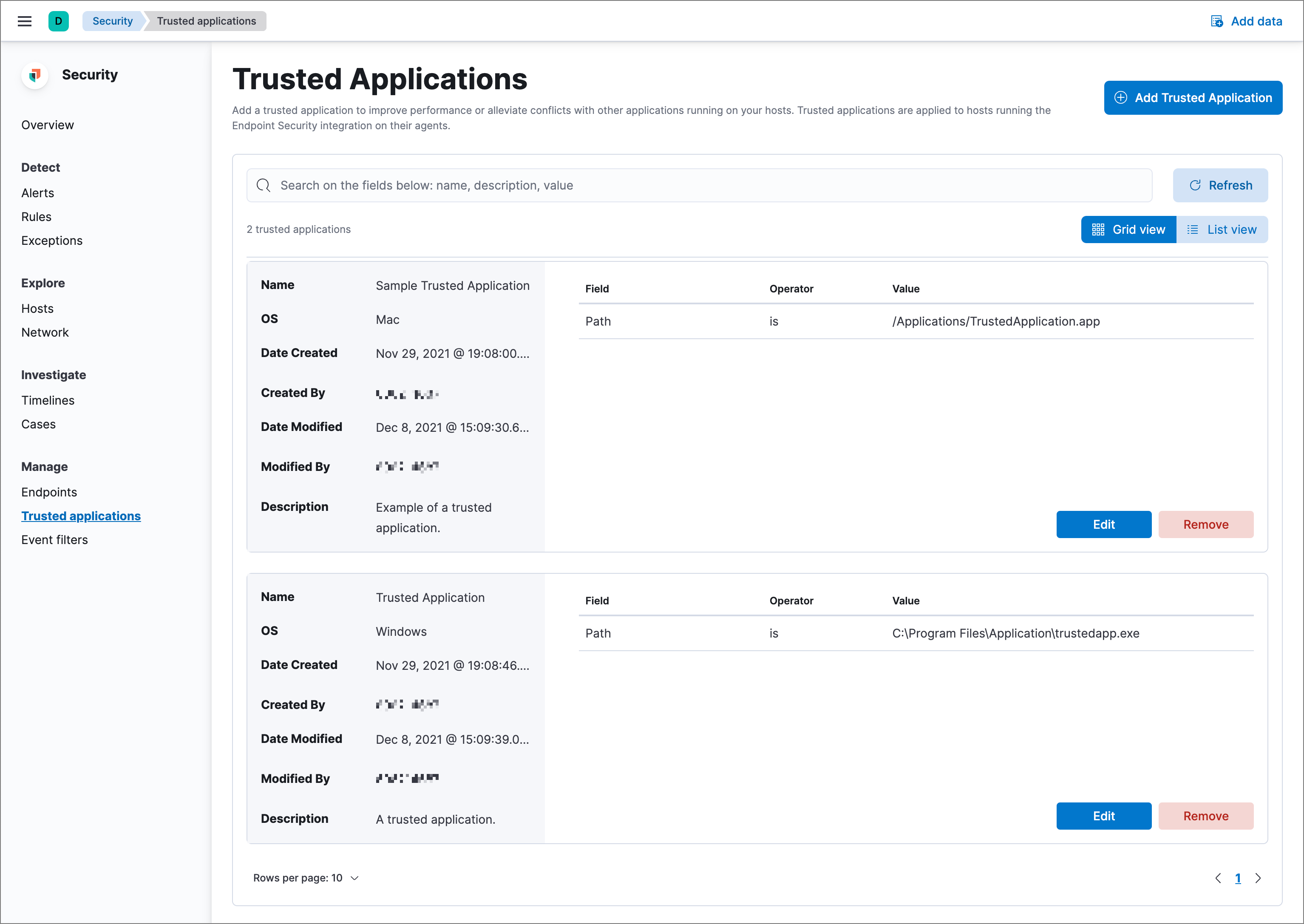 Shows the Trusted applications page