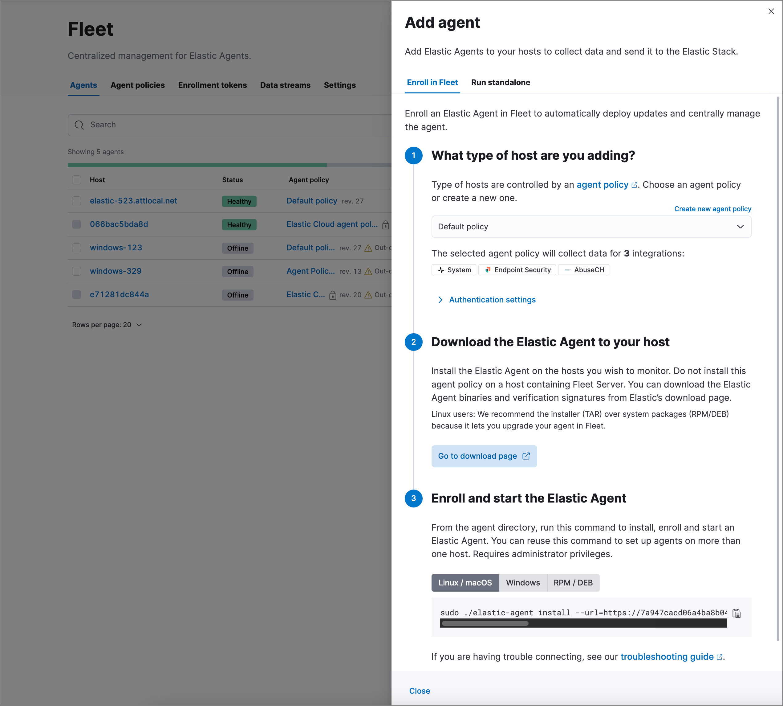 Add agent flyout on the Fleet page.