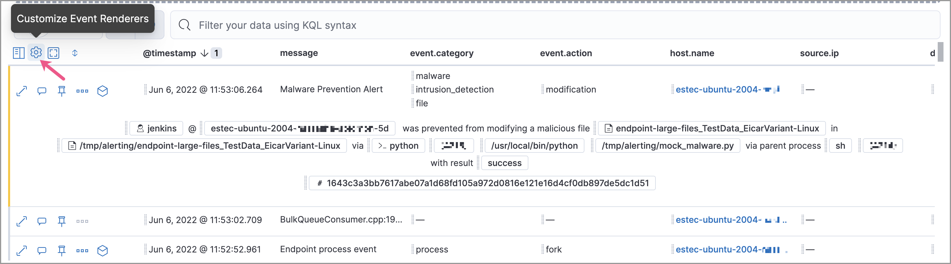 example timeline with the event renderer highlighted