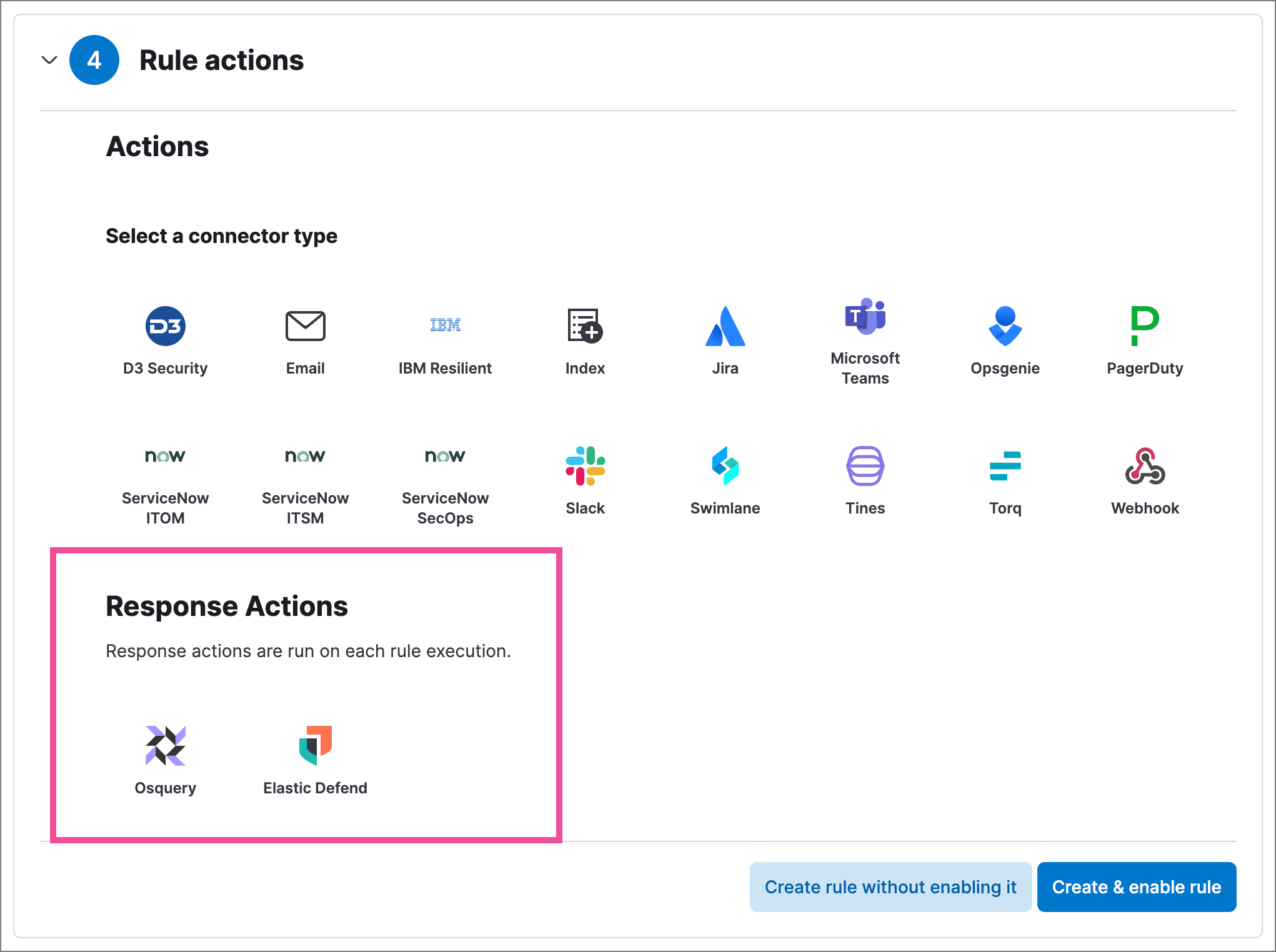 Shows available response actions