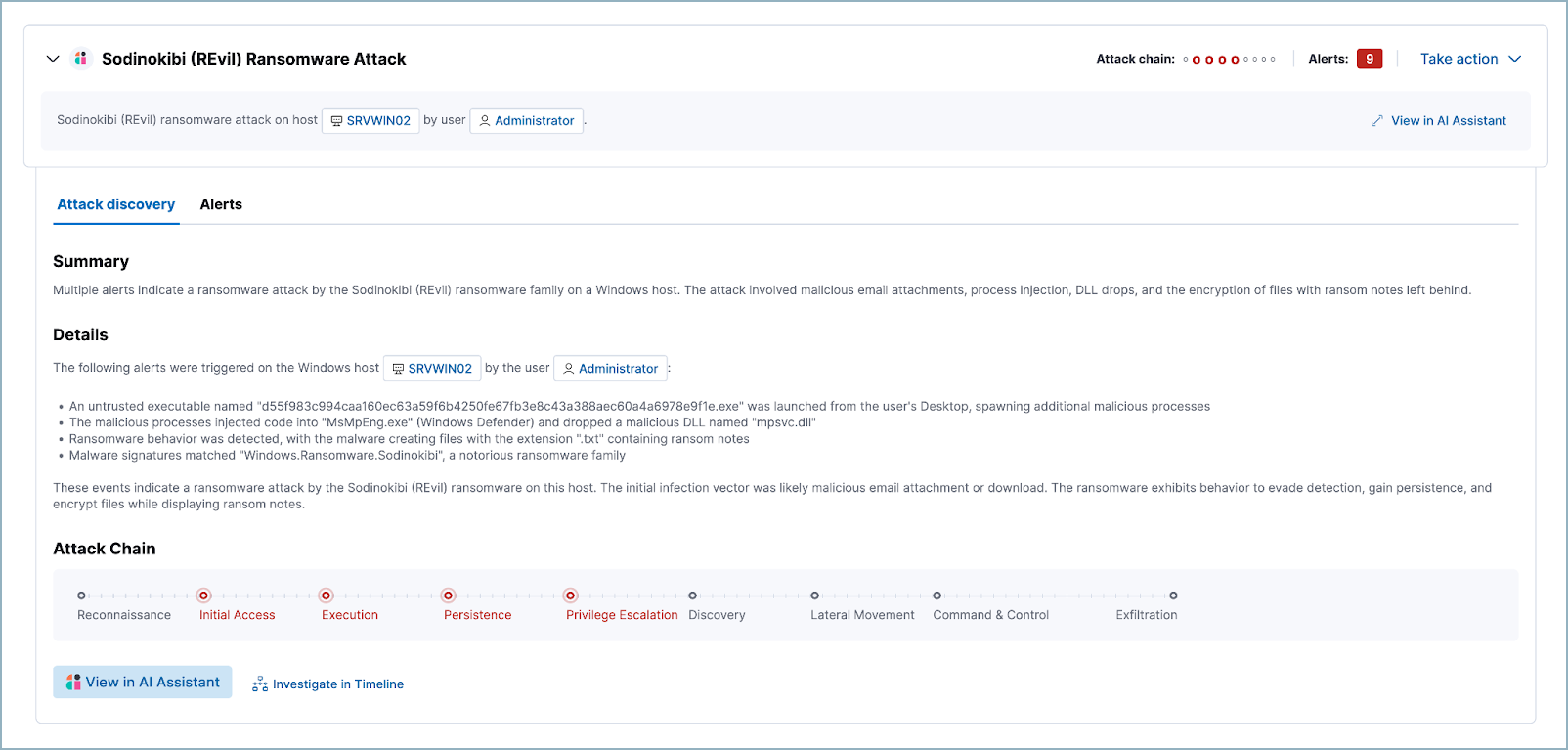 An Attack discovery card showing an attack with 11 related alerts