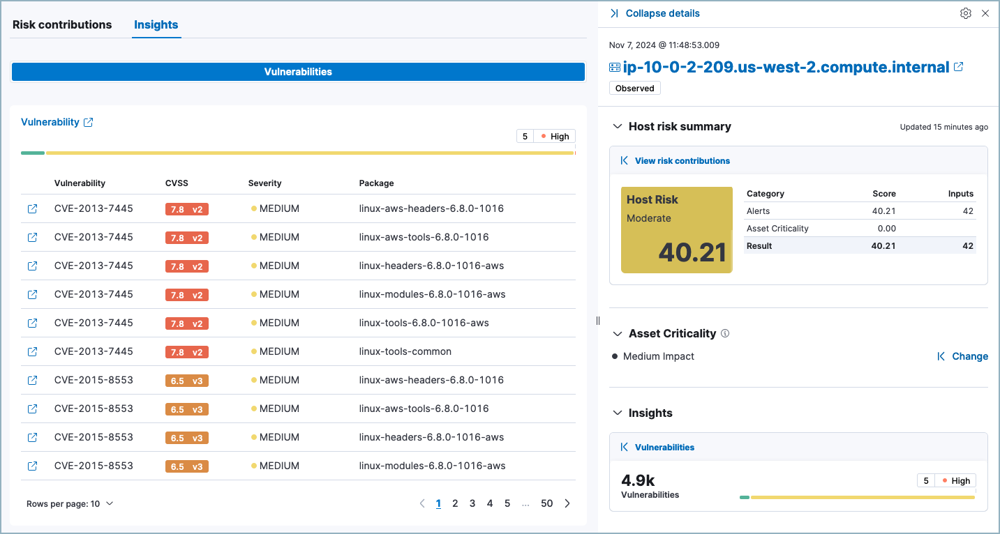 Host details flyout with the Vulnerabilities section expanded