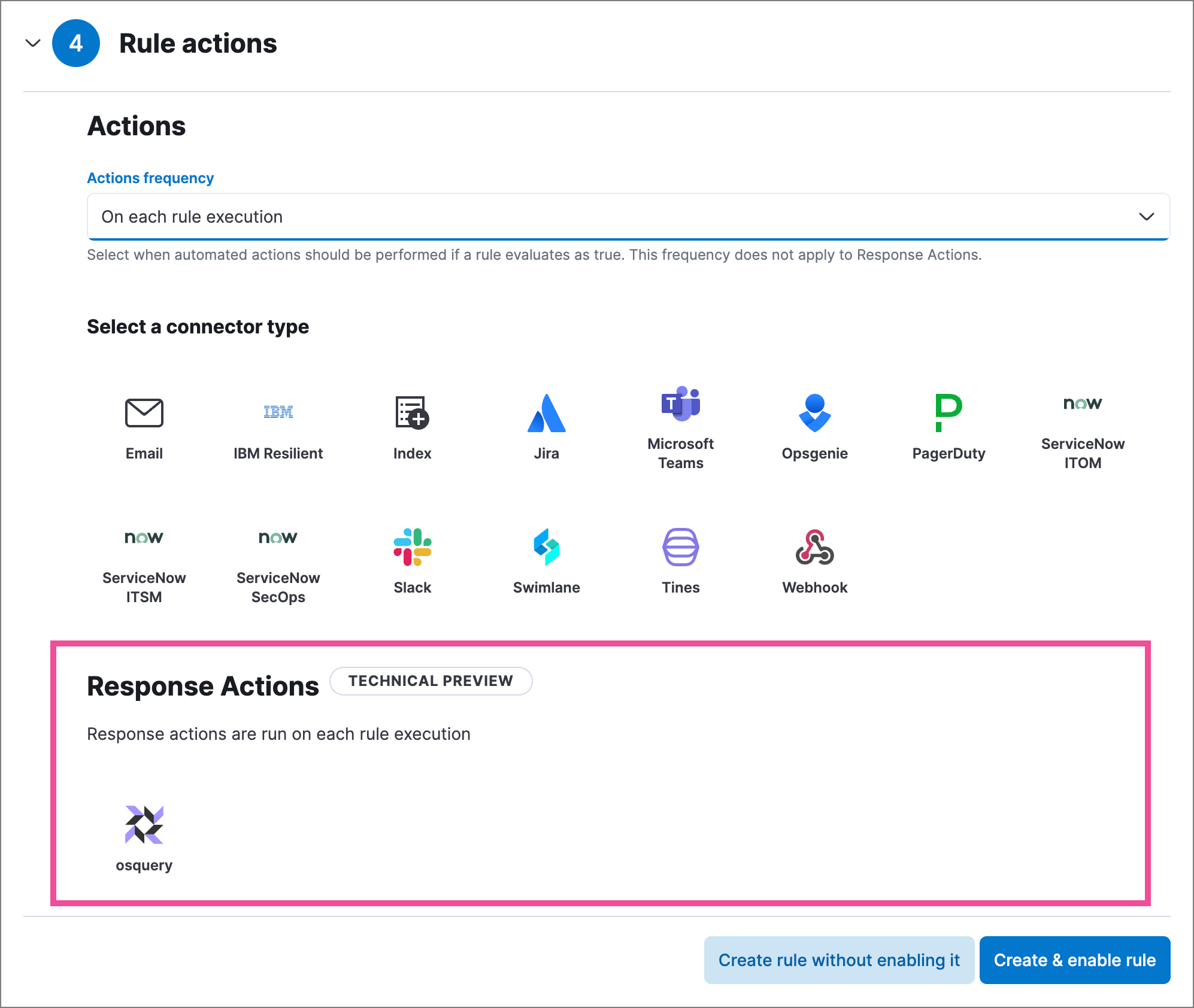 Shows available response actions