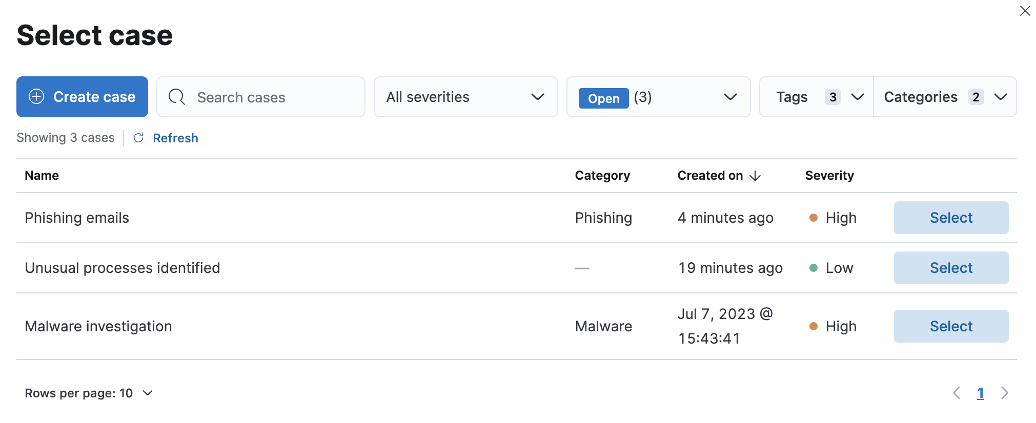 Select case dialog listing existing cases