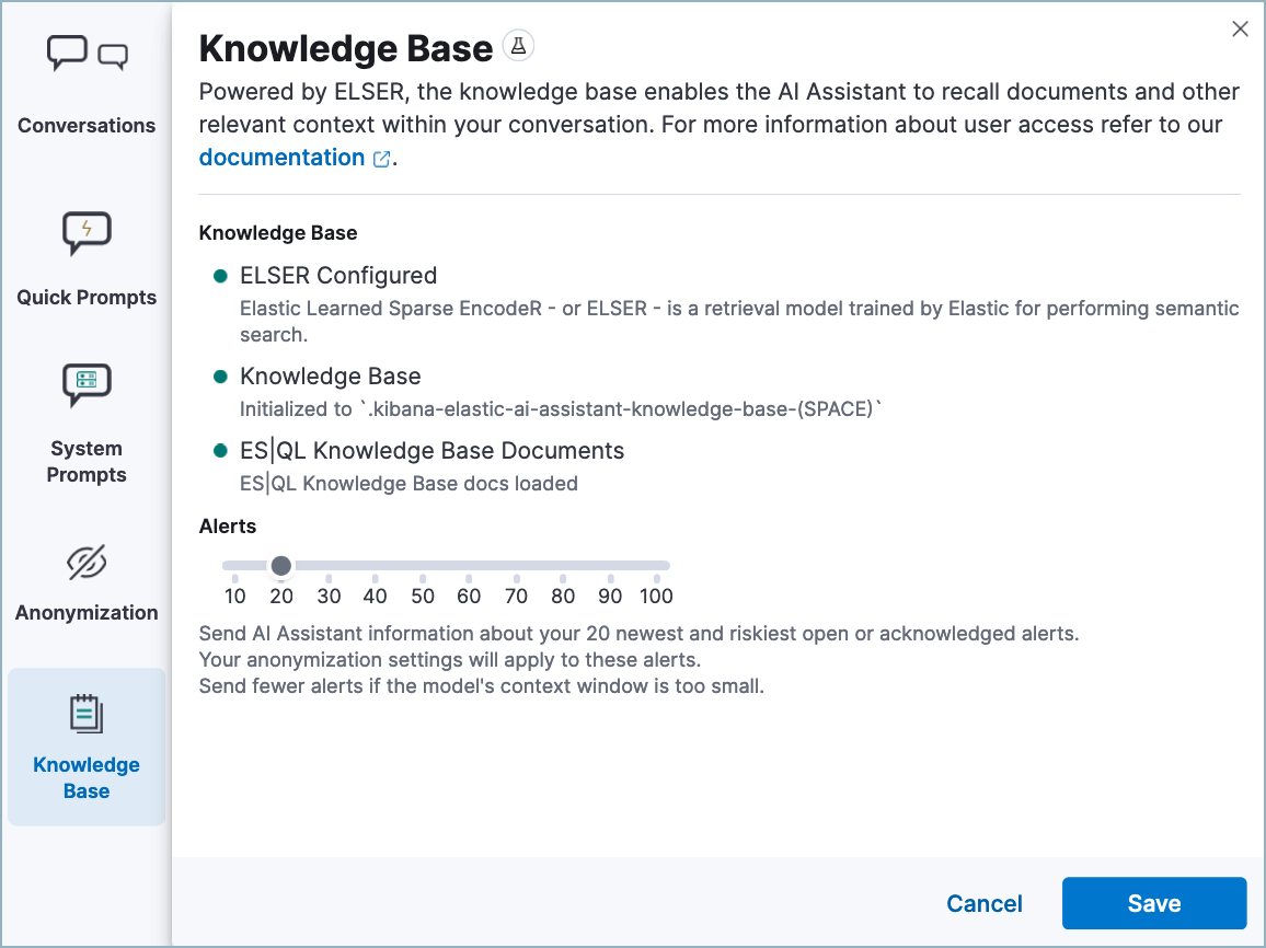 AI Assistant’s settings menu open to the Knowledge Base tab