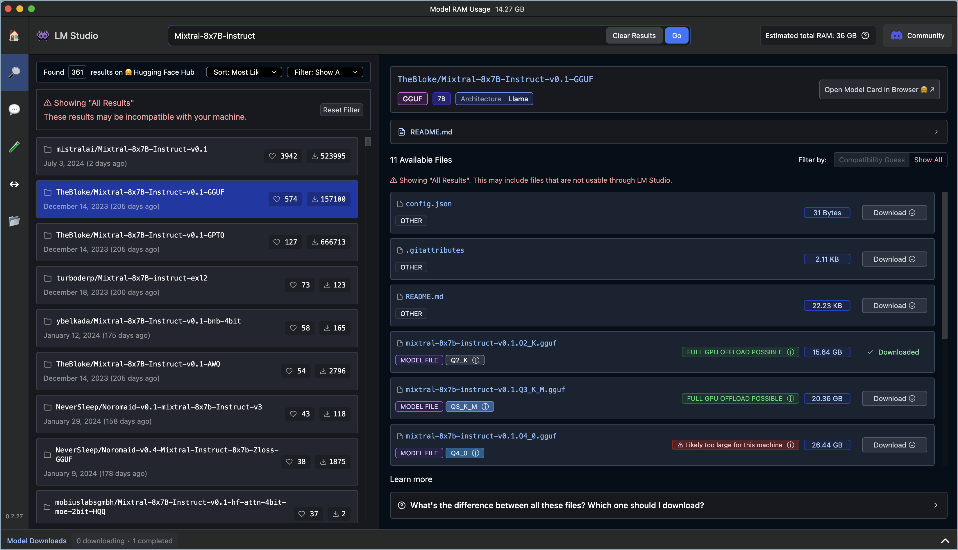 The LM Studio model selection interface