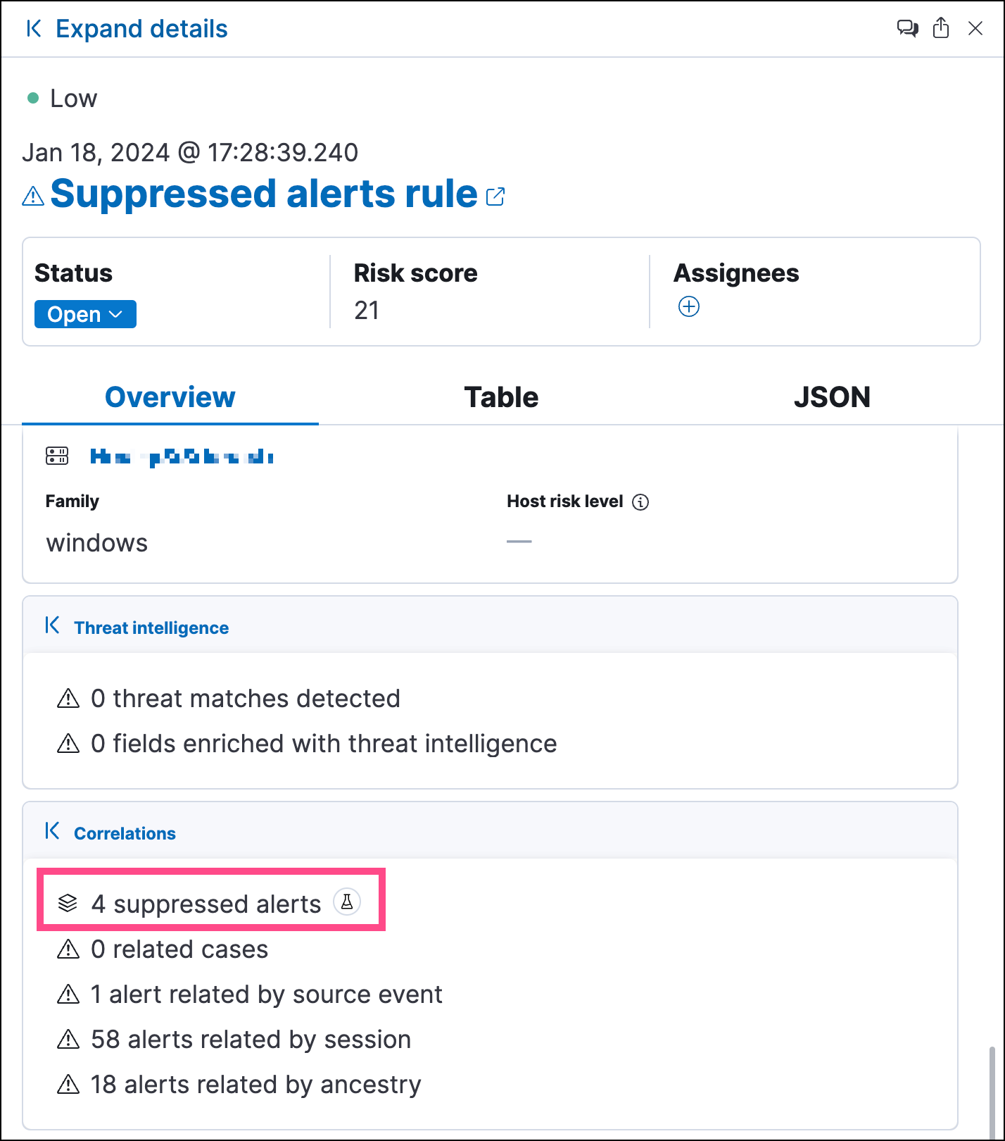 Suppressed alerts in the Correlations section within the alert details flyout