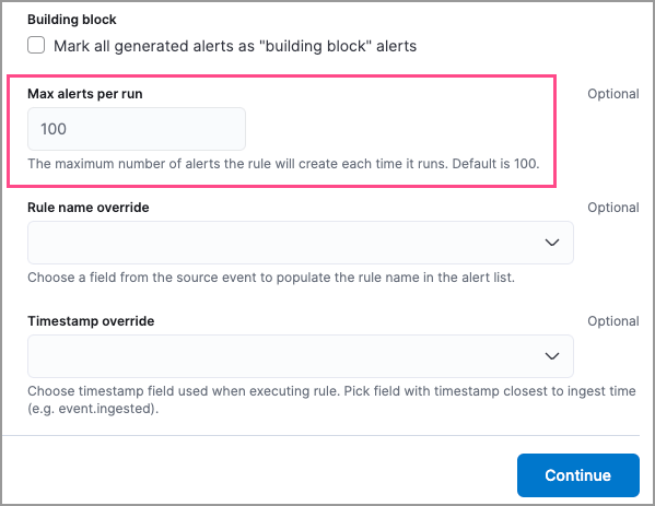 The Max alerts per run field highlighted in the Create new rule UI