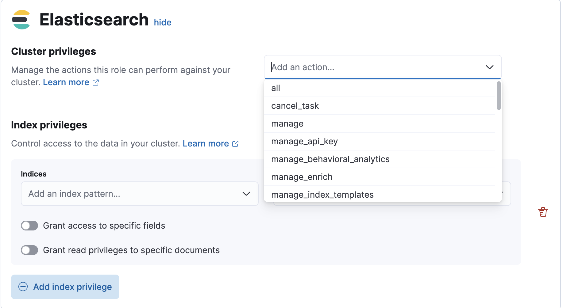 Create a custom role and define Elasticsearch cluster privileges