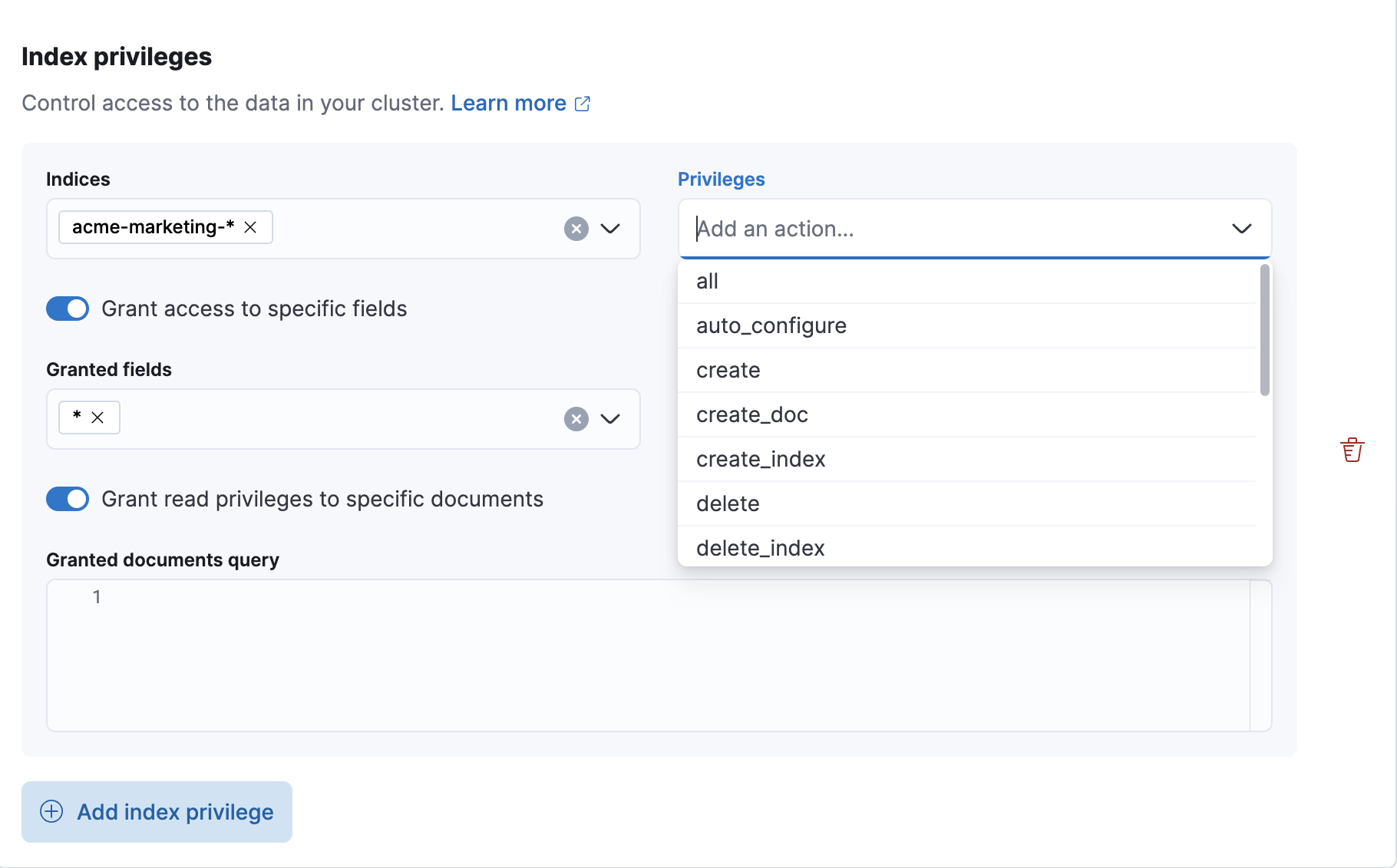 Create a custom role and define Elasticsearch index privileges