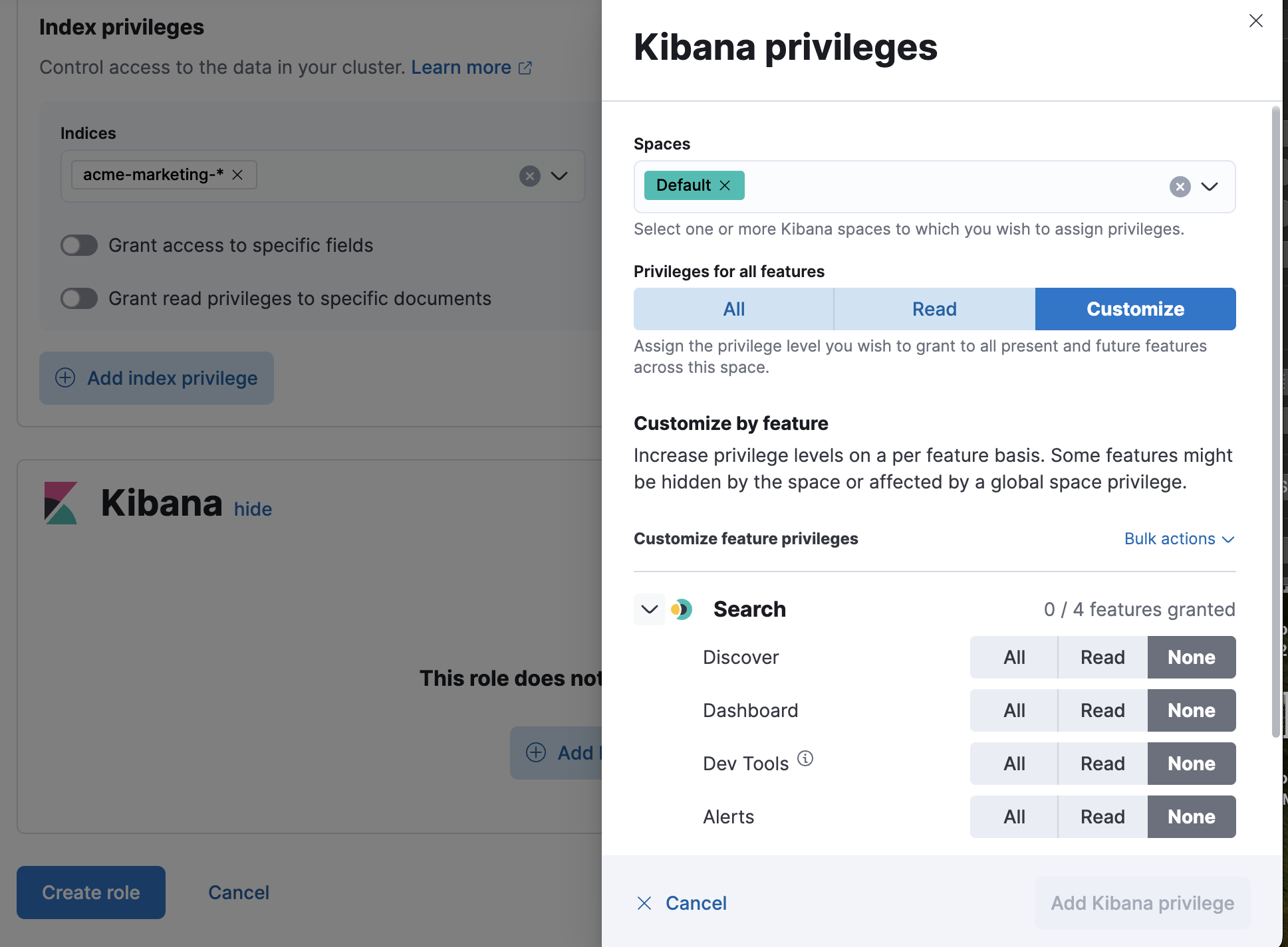 Create a custom role and define Kibana privileges