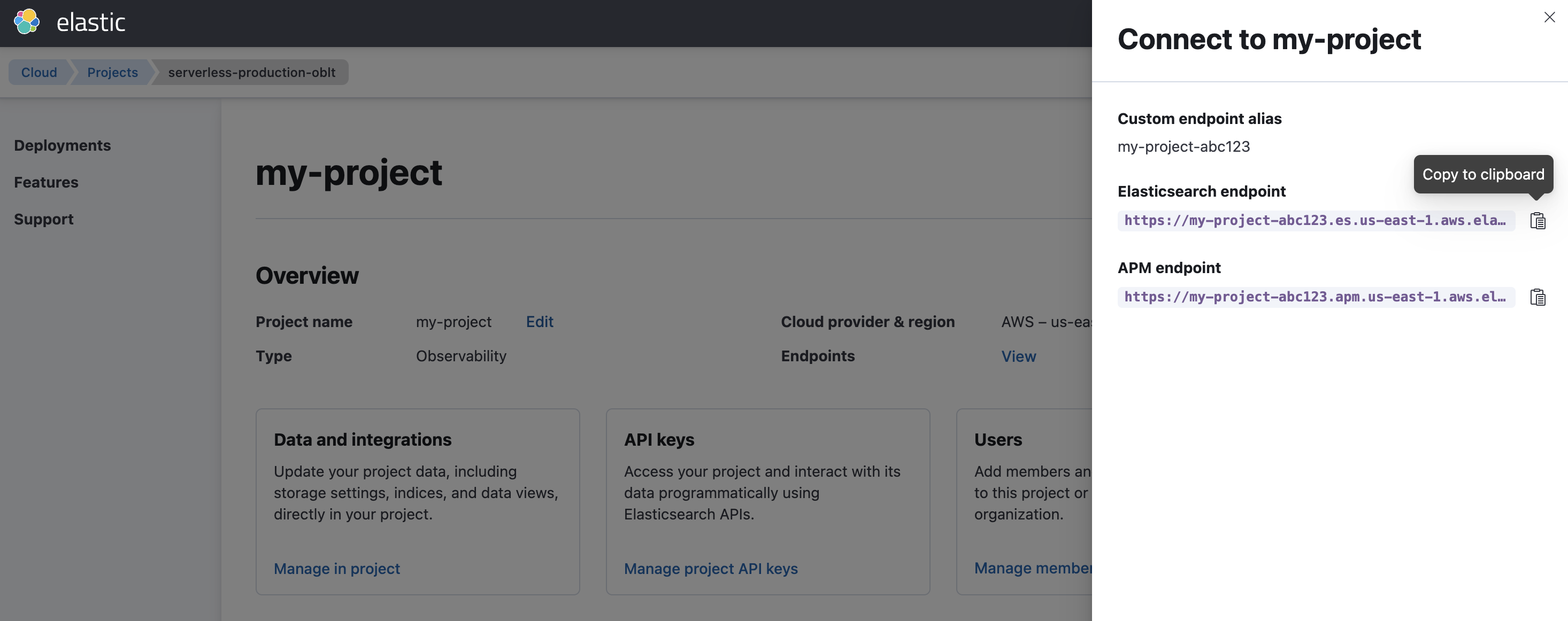 Copy a project’s Elasticsearch endpoint