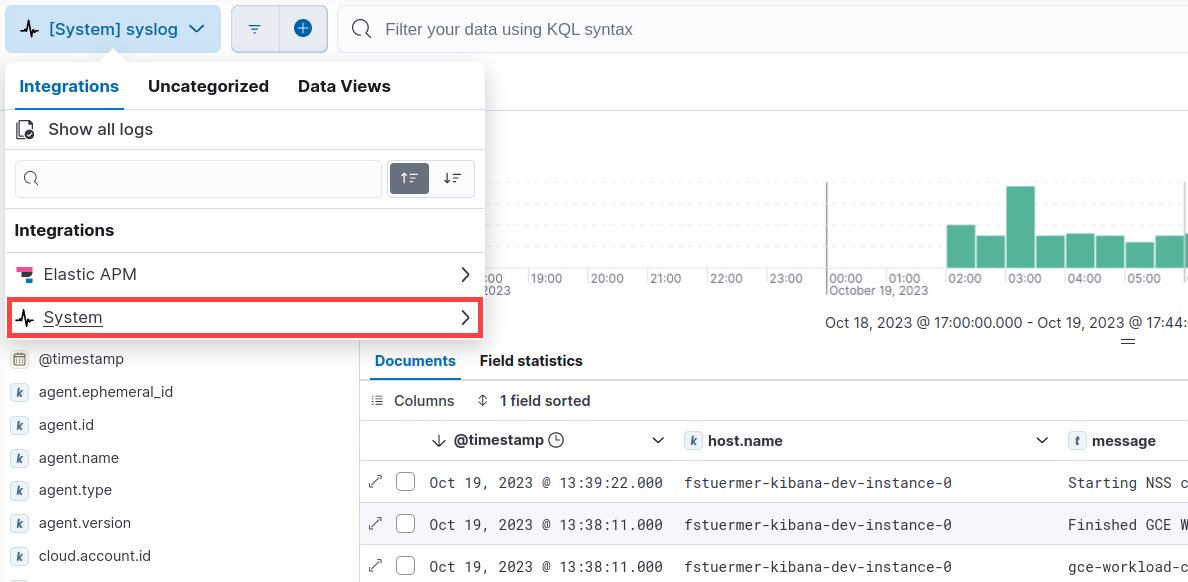 Screen capture of the Logs Explorer showing syslog dataset selected