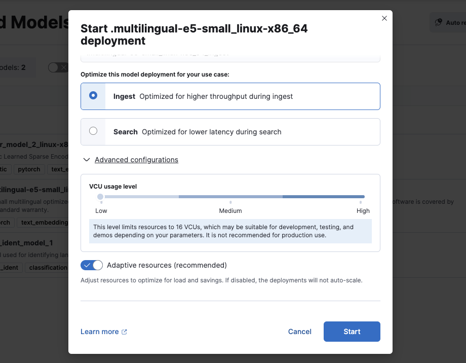 ML model deployment with adaptive resources enabled.