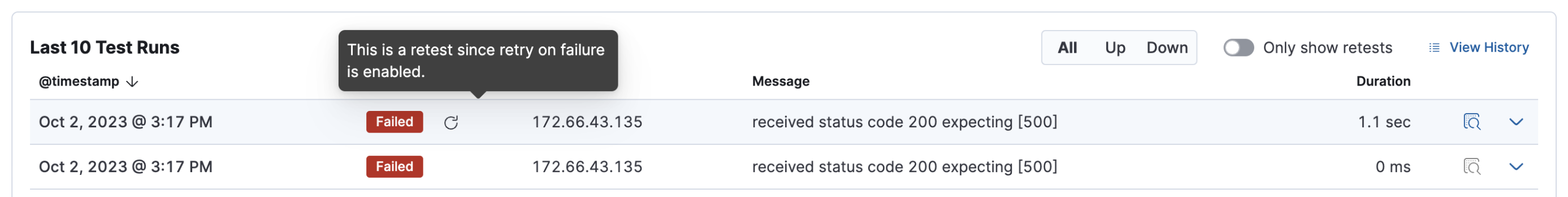 A failed run and a retest in the table of test runs in the Synthetics UI