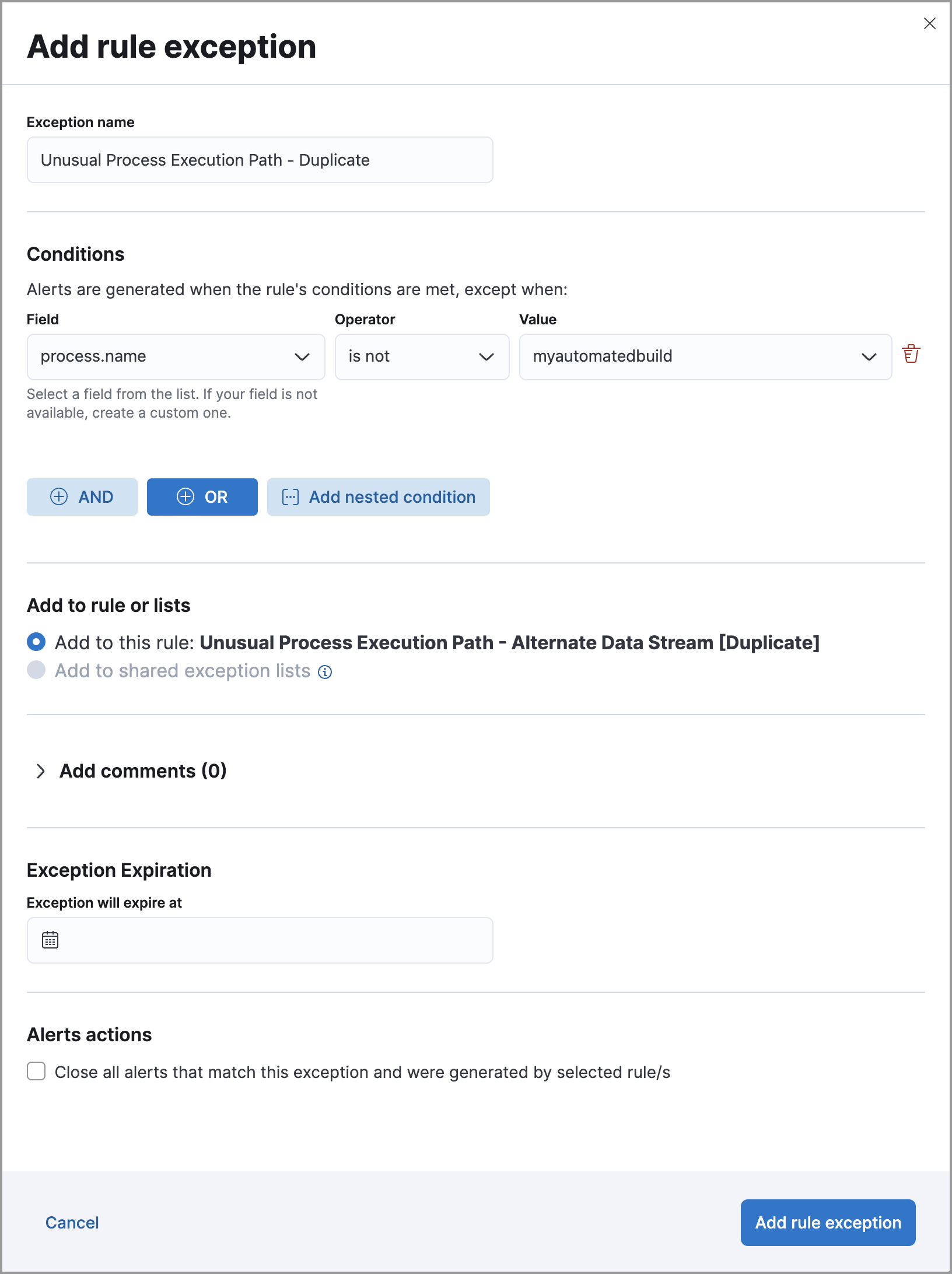 Example of is not exception in the Add Rule Exception UI