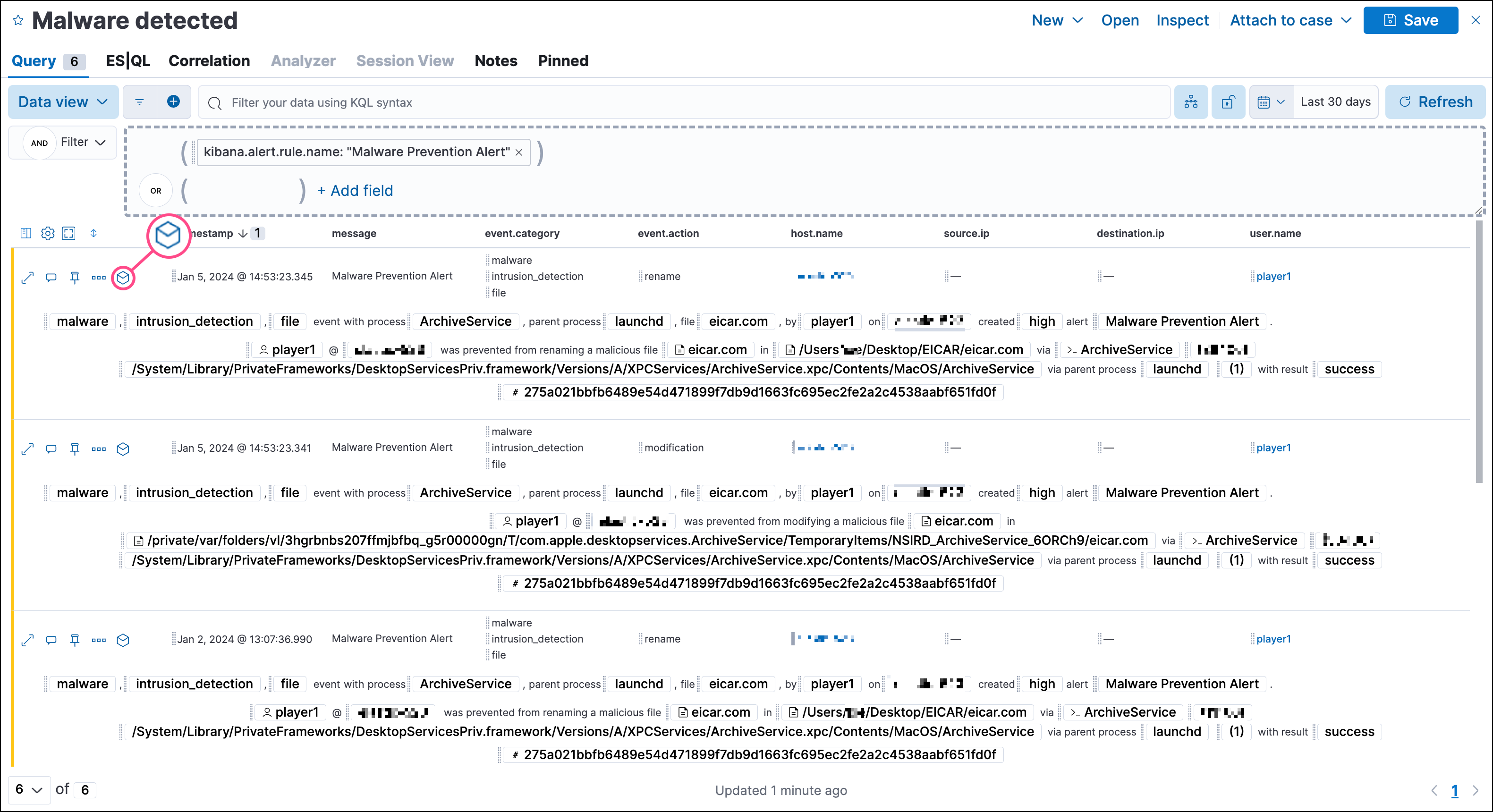  detections analyze event timeline