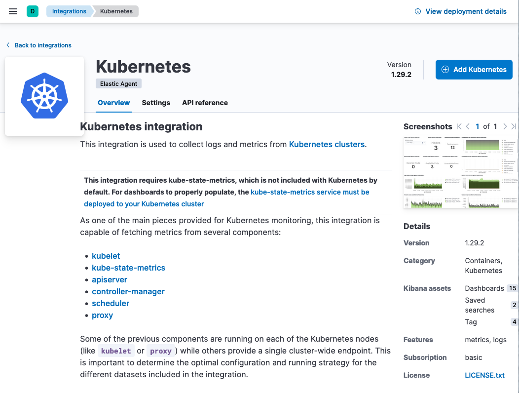 Kubernetes integration page