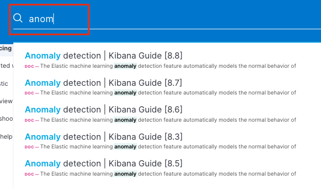 Preview of search results (anomaly detection) displayed with just a partial search query (anom)