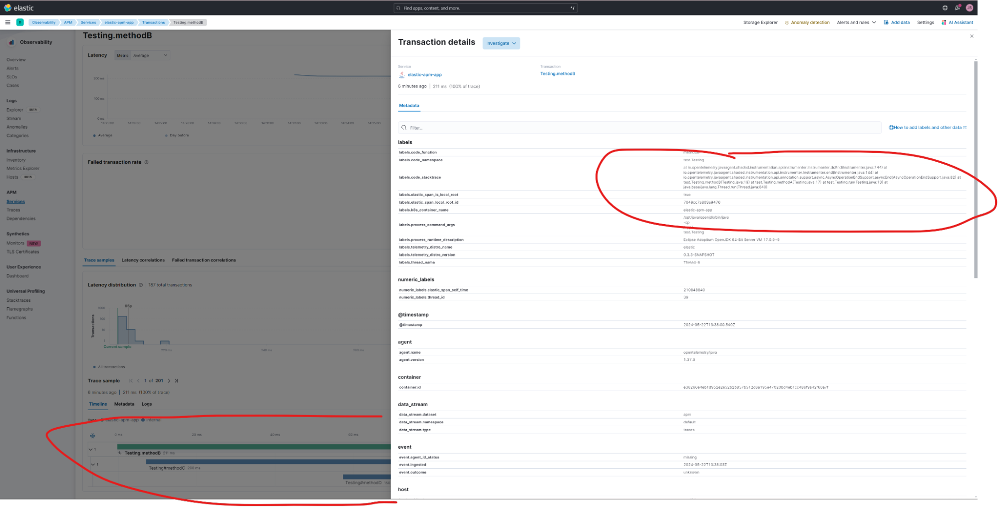 Elastic APM UI showing methodB traced with stack traces and inferred spans