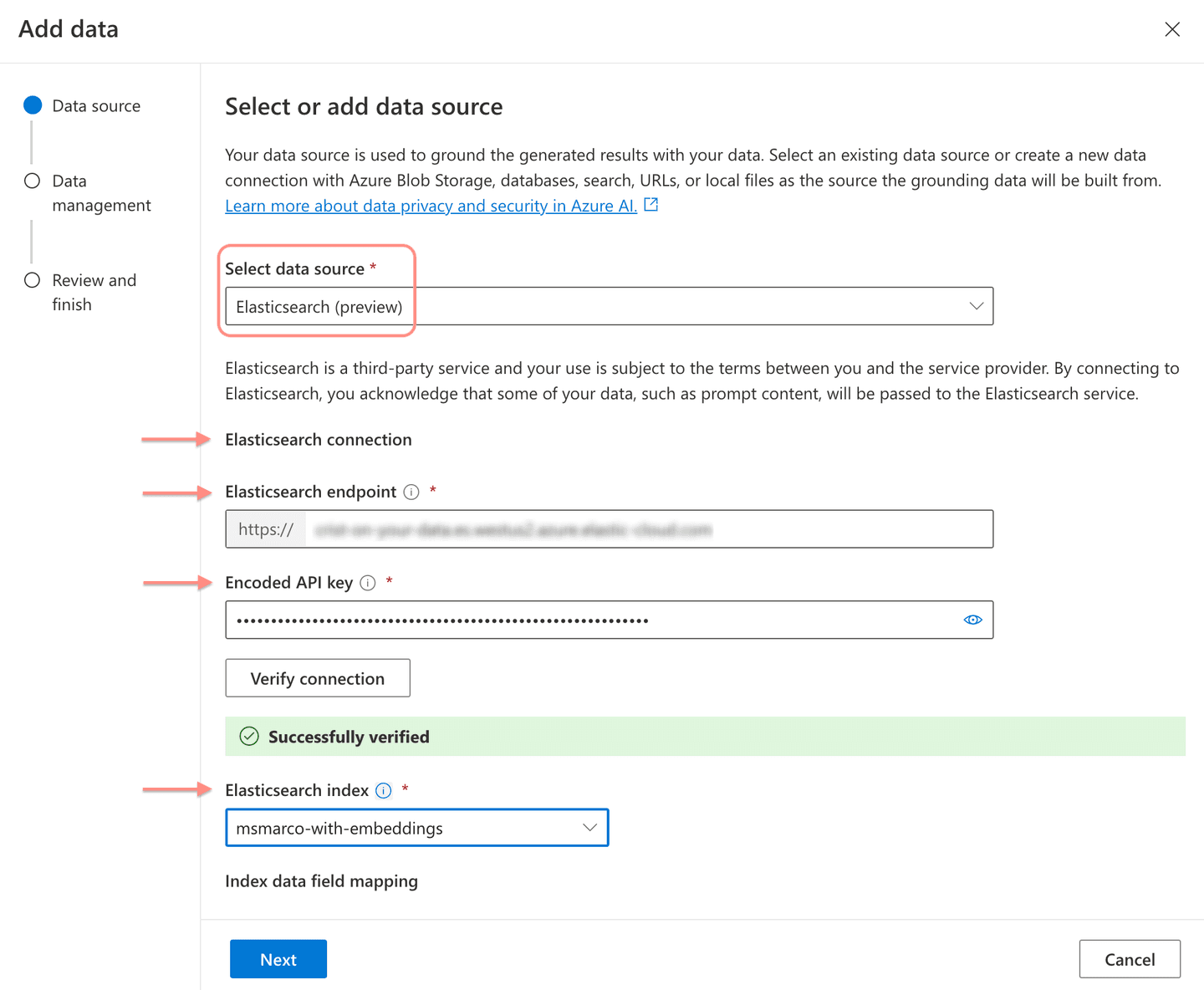 add your Elastic credentials and Elastic index