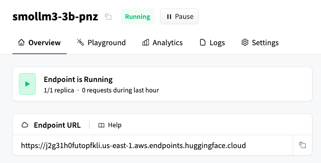 Dashboard view of a Hugging Face inference endpoint named “smollm3‑3b‑pnz,” showing a green Running status, one active replica, zero requests in the last hour, navigation tabs, and the displayed endpoint URL.