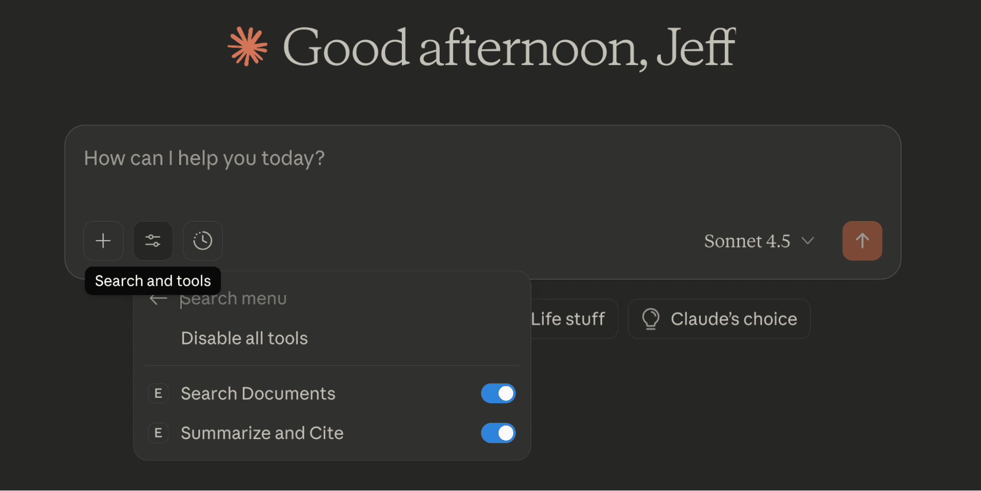 Claude 4.5 Sonnet page, with the note, "Good afternoon, Jeff. How can I help you today?"