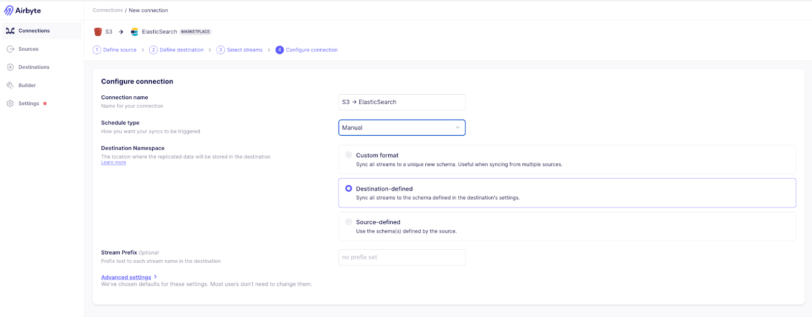Clicking on Set up Connection in Airbyte