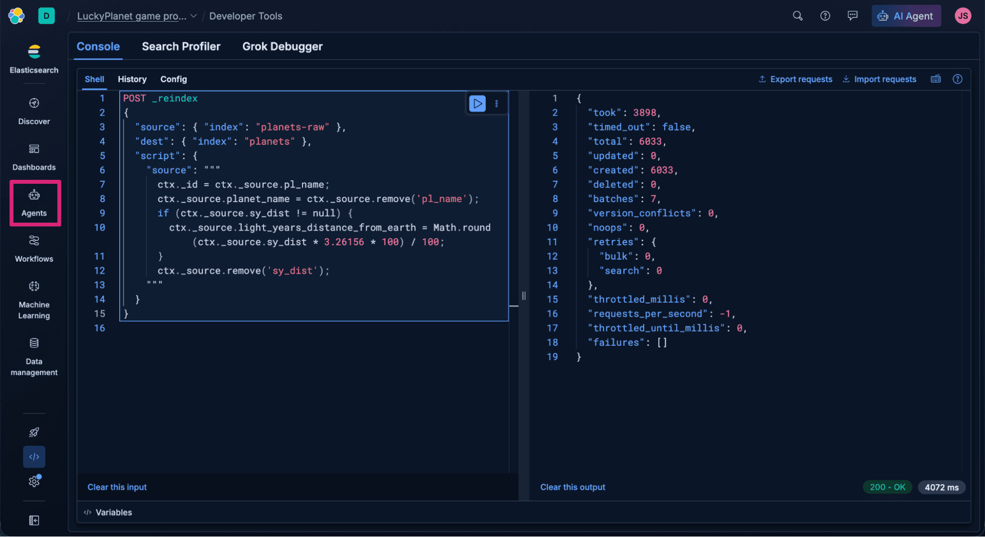 Screenshot of the Elasticsearch Developer Tools console, showing a reindexing script transferring data. The left panel contains the JSON script, and the right panel displays the operation’s output confirming 6,033 documents created with no errors. The focus is on the “Agents” icon in the left sidebar.