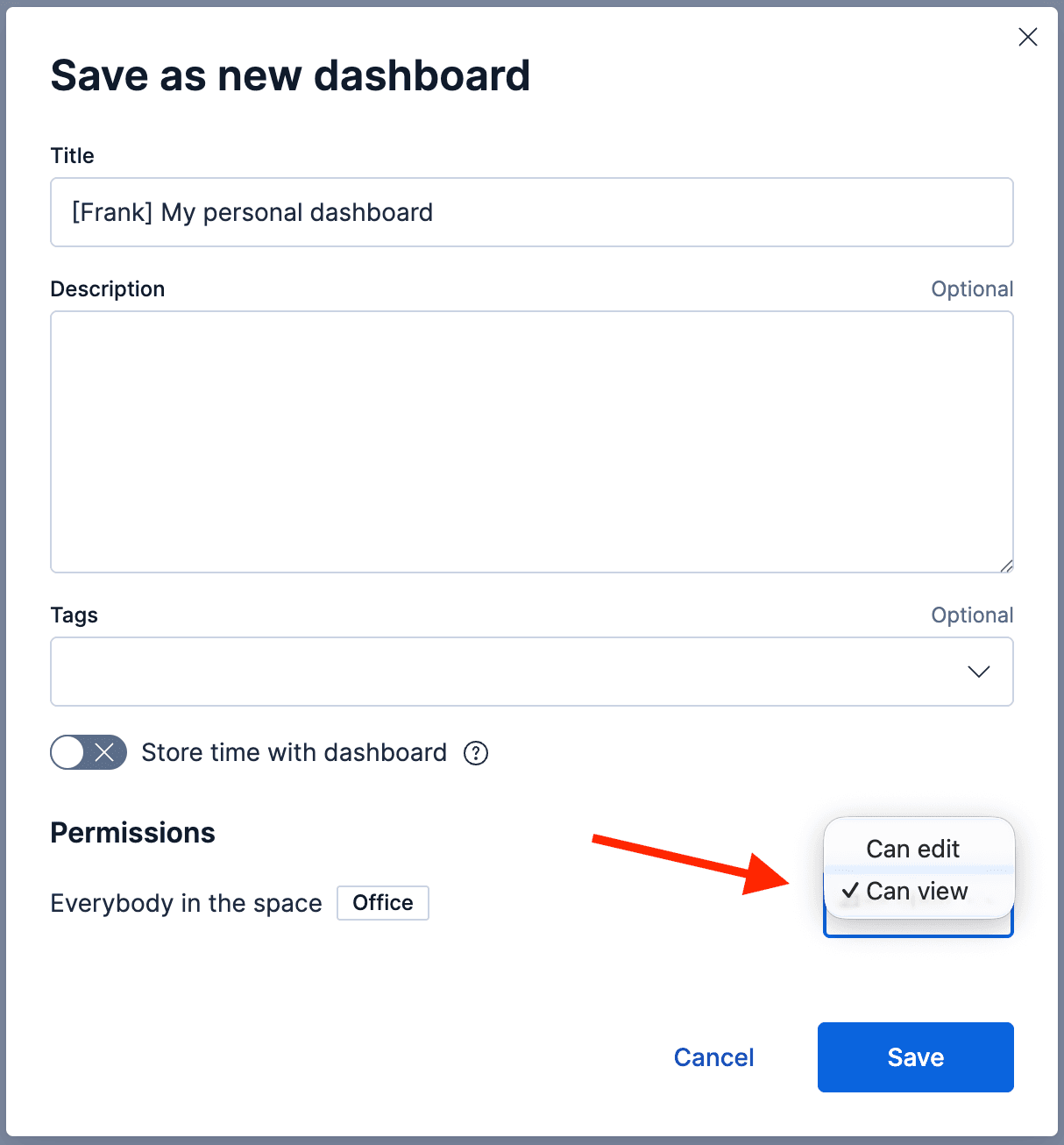 A Kibana dialog showing the options for saving a dashboard, with view‑only permissions selected.