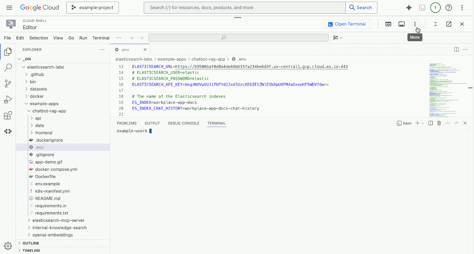 Uploading a Google Service Account Key file in Google Cloud Shell Editor.