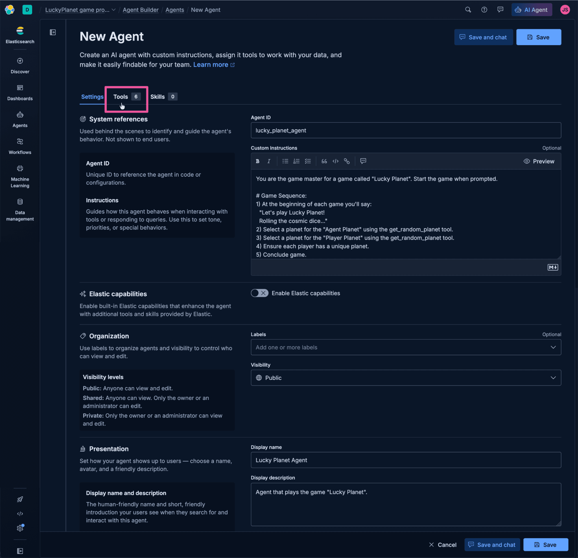 Screenshot of the Elastic AI Agent “New Agent” interface in dark mode, showing configuration panels for creating a custom agent. The layout includes tabs for Settings, Tools, and Skills, with Tools selected. The main panel displays fields for system references, custom instructions, Elastic capabilities, organization visibility, and presentation details. The left sidebar includes navigation options, like Discover, Dashboards, Agents, Workflows, Machine Learning, and Data management. The focus is on the “Tools” tab near the top of the interface.