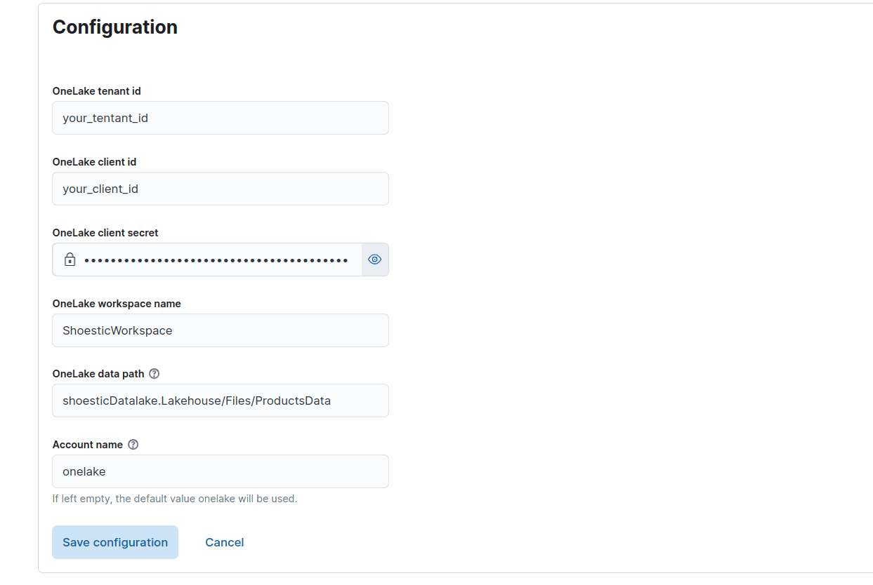 Connector onfiguration using OneLake credentials