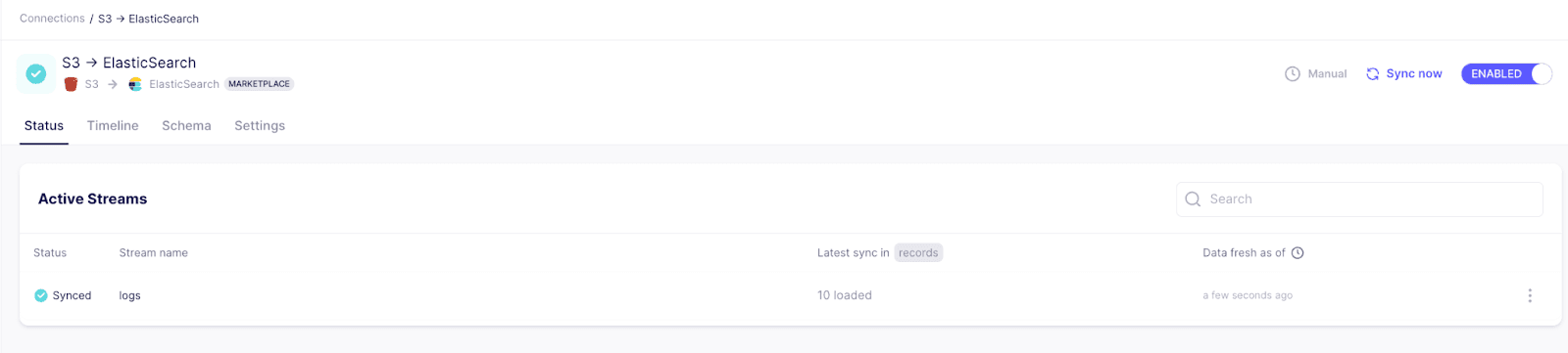 Synced status from S3 to Elasticsearch in Airbyte