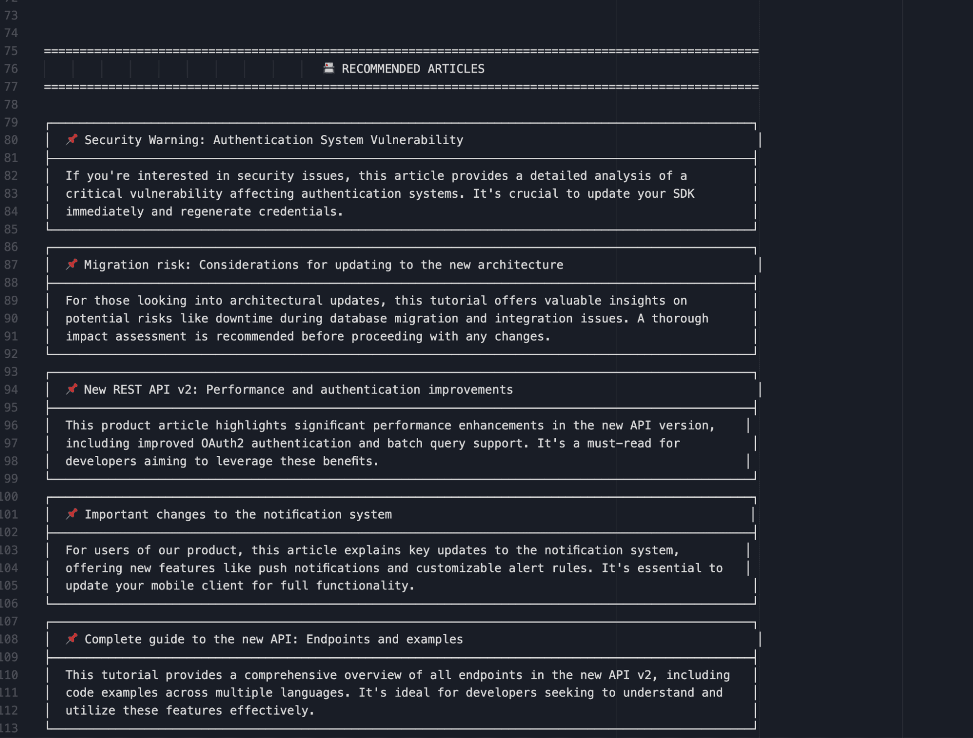 Section titled “Recommended Articles” showing five boxed article summaries, including topics on an authentication system vulnerability, migration risks, REST API v2 performance and authentication improvements, notification system changes, and a complete guide to the new API.