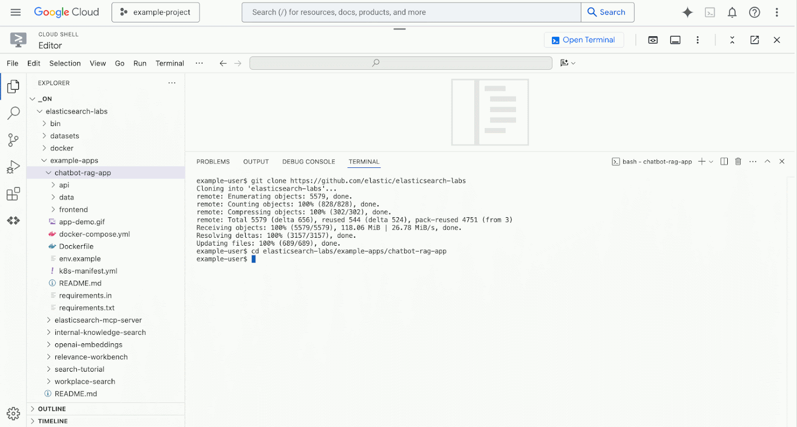 Opening the .env file for editing and finding the ELASTICSEARCH_URL value to make the first edit on the app configuration file.