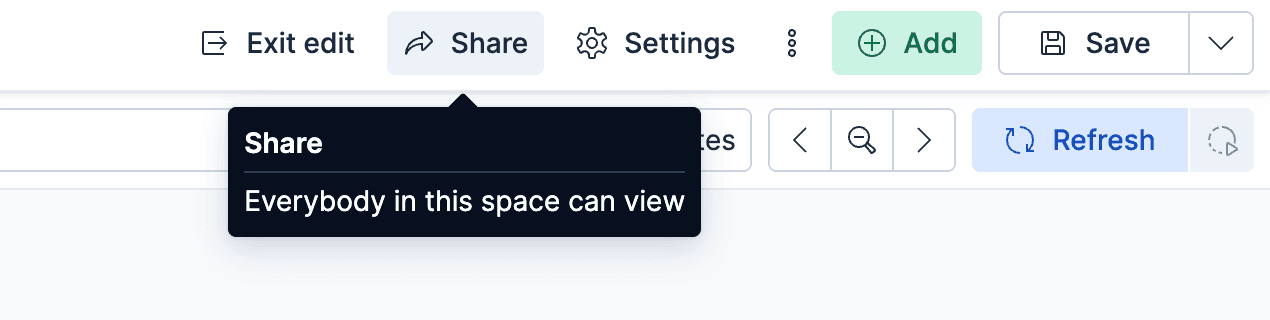 The Kibana toolbar, with the Share button highlighted, and a tooltip indicating that everyone in the space can view the dashboard.