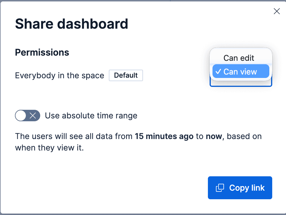 The Kibana share panel, showing dashboard permissions and the option to copy a view‑only link.