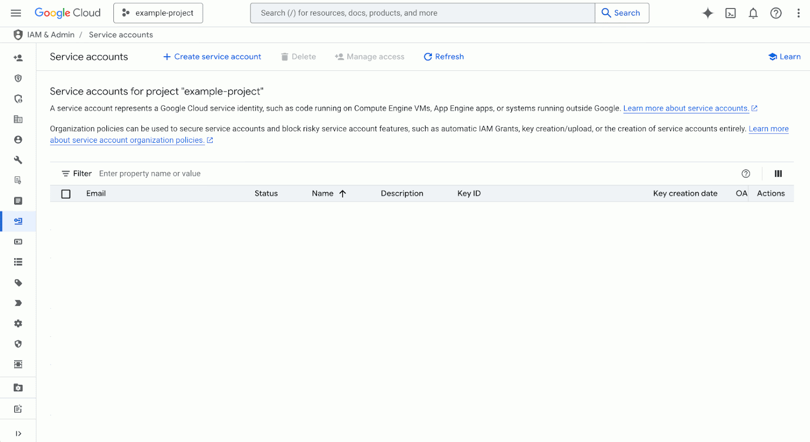 Creating a Service Account and downloading its Key file in Google Cloud IAM.
