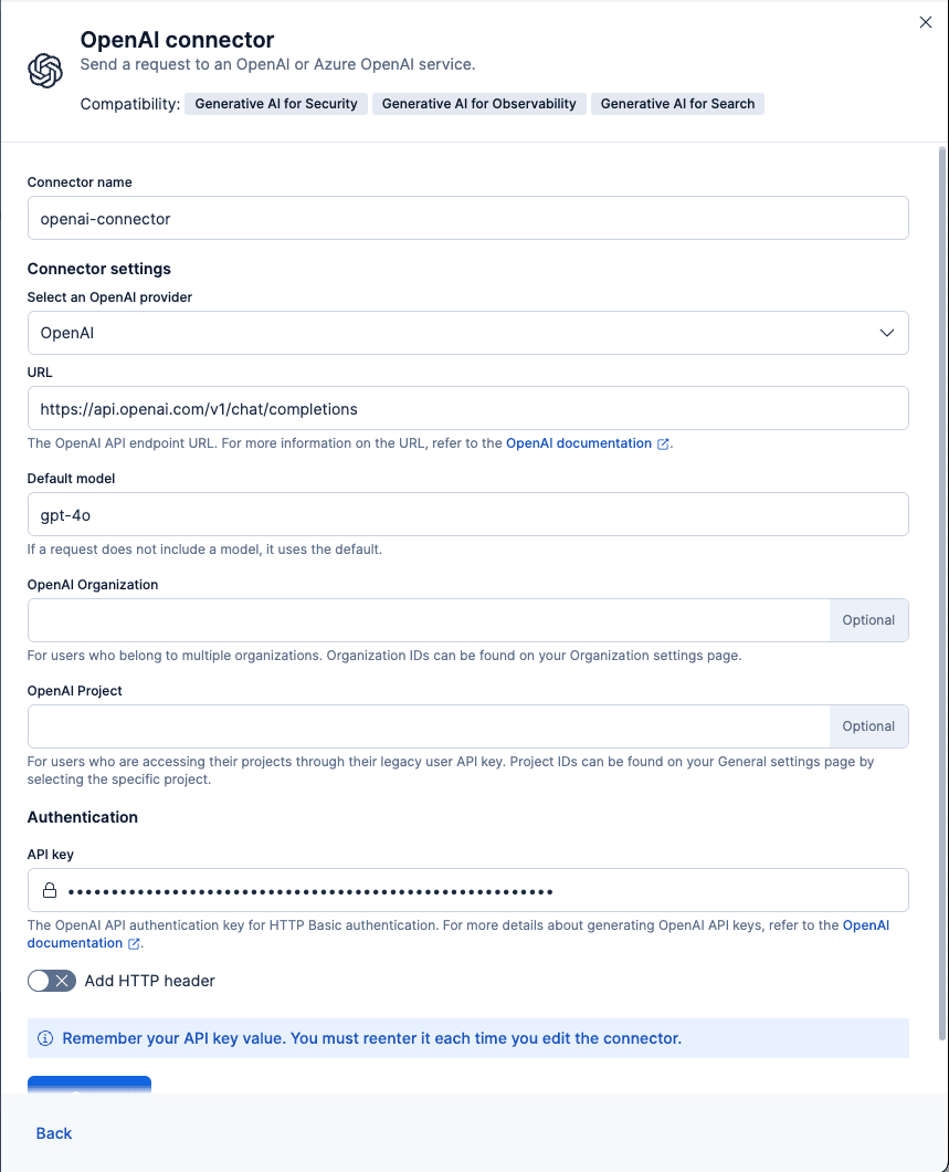 Required information to create an OpenAI connector.