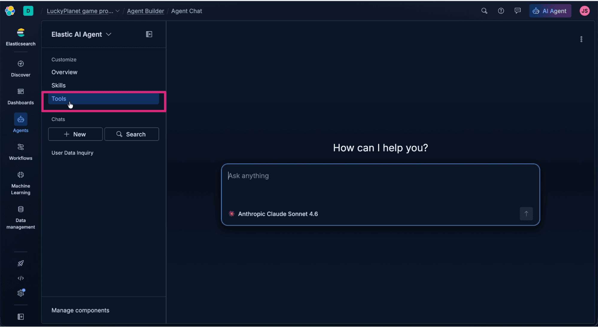 Screenshot of the Elastic AI Agent interface in dark mode, showing the left sidebar with navigation options, such as Discover, Dashboards, Agents, Workflows, Machine Learning, and Data management. Under the Elastic AI Agent section, menu items include Customize, Overview, Skills, Tools, Chats, and User Data Inquiry. The focus is on the “Tools” option. The main workspace displays a chat panel with the prompt “How can I help you?” and the input “Ask anything.”