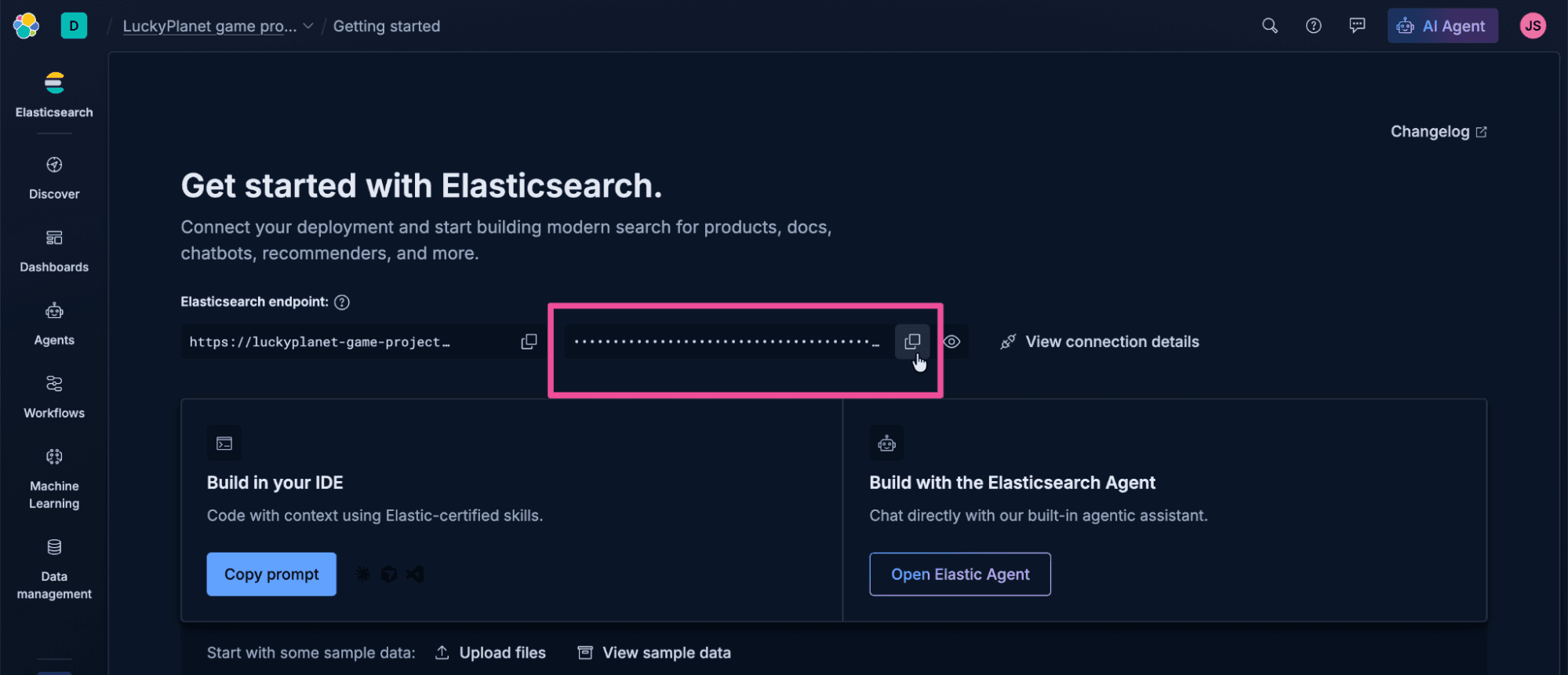 Screenshot of a dark‑themed interface showing a workspace titled "Lucky Planet Agent." The main panel displays the heading "Get started with Elasticsearch" and text about connecting a deployment to build modern search for products, docs, and chatbots. The focus is on the Copy API key button.