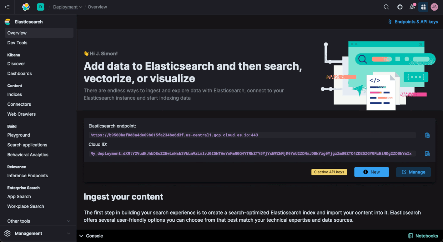 Creating an API Key and add its value to .env configuration file in Elastic Cloud.