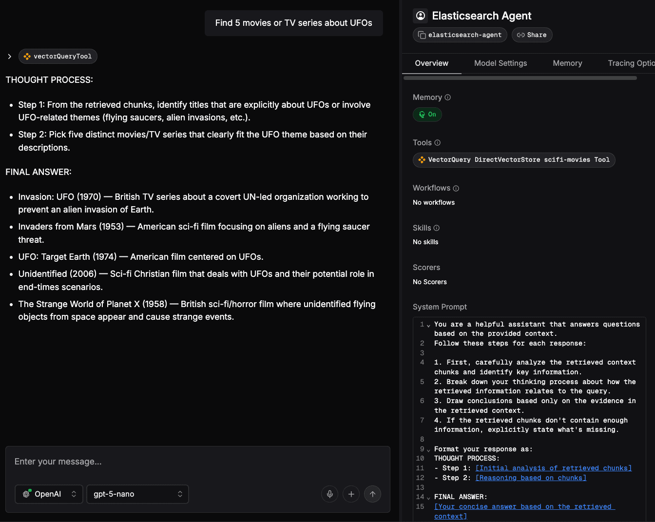 Response from LLM using the Elasticsearch Agent.