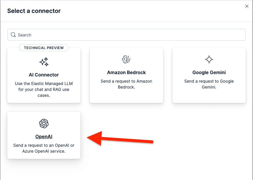 The main LLM provider options: OpenAI, Amazon Bedrock, and Google Gemini as connectors.