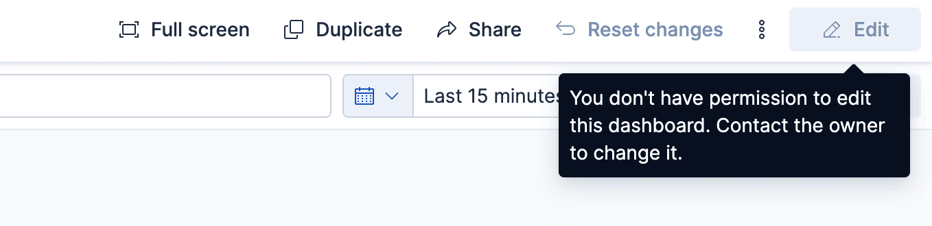 The Kibana dashboard toolbar showing an Edit button with a warning tooltip indicating that the user doesn’t have permission to modify the dashboard.