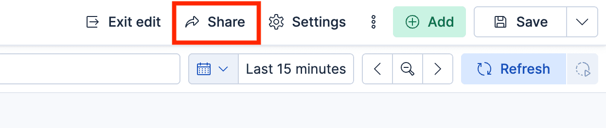 The Kibana dashboard toolbar showing options to exit edit mode, share, adjust settings, add panels, and save, with the focus on Share.