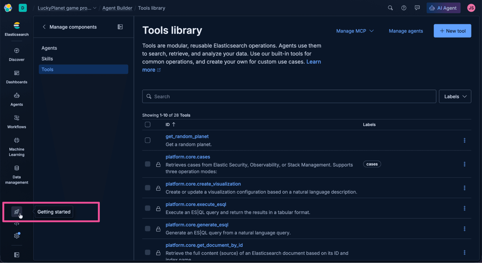Screenshot of a dark‑themed interface showing a workspace titled "Lucky Planet Agent." The left sidebar lists sections including Customize, Overview, Skills, and Tools, with the focus on "Getting started." The main panel displays the heading Tools library and a description about modular, reusable Elasticsearch operations. A list of tools appears below. The upper-right corner includes buttons labeled Manage MCP and New tool.