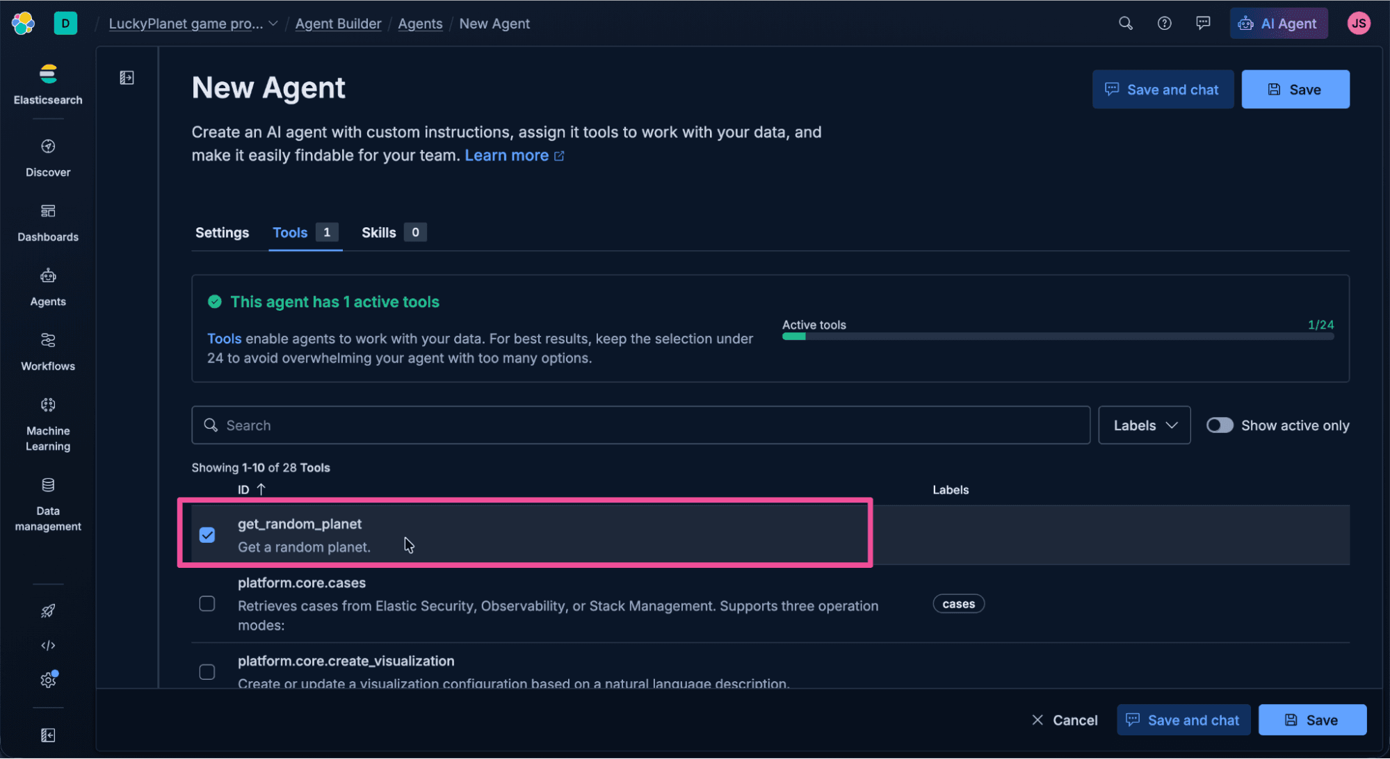 Screenshot of the Elastic AI Agent “New Agent” interface in dark mode, showing the Tools tab with a list of available Elasticsearch operations. The layout includes a highlighted message indicating one active tool and a progress indicator. The left sidebar includes navigation options, like Discover, Dashboards, Agents, Workflows, Machine Learning, and Data management. The focus is on the selected tool entry in the list "get_random_planet."