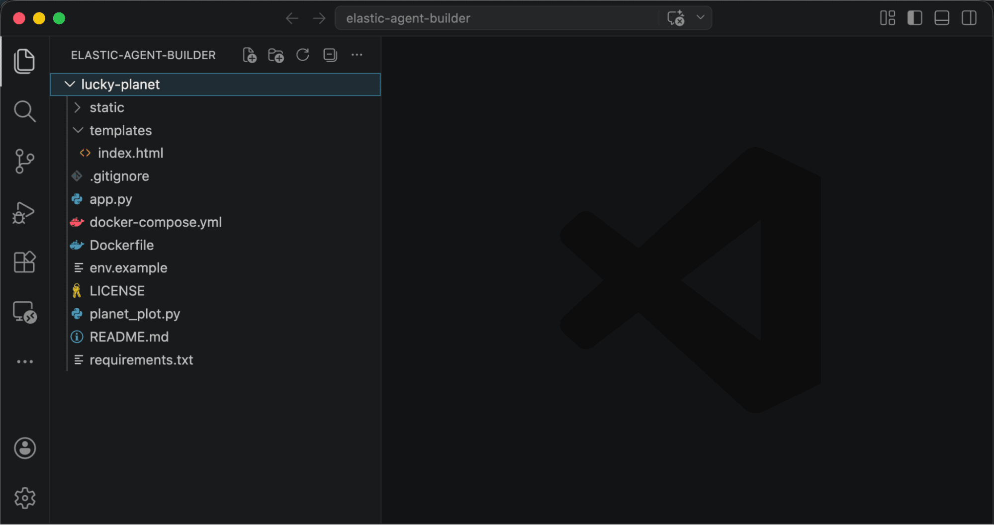 Screenshot of the Visual Studio Code interface showing a project titled "Elastic Agent Builder." The file explorer lists a folder named lucky planet, with subfolders static and templates, plus files, including gitignore, app.py, Dockerfile, README.md, and requirements.txt.